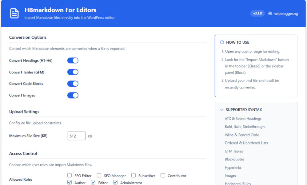 HBmarkdown WordPress Plugin